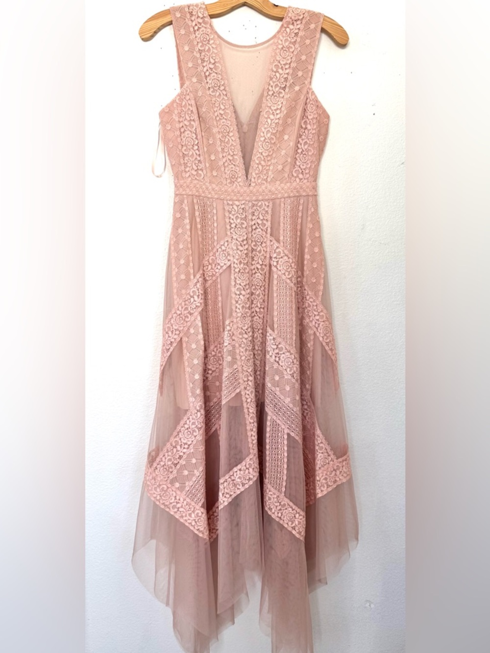 BCBG Maxazria Andi Handkerchief Womens Blush Lace Tulle Dress Size 0